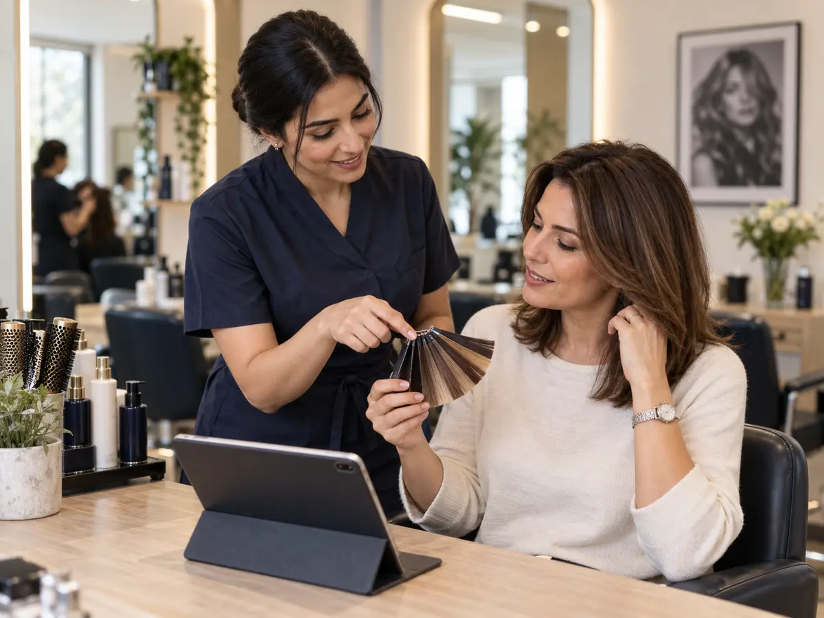 Hair stylist discussing colour options with a client beside a tablet