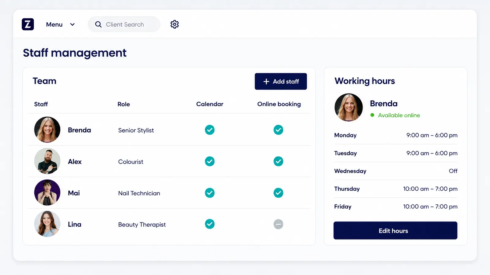 Zolmi staff management software showing a multicultural Dubai salon team, online booking access and working hours.