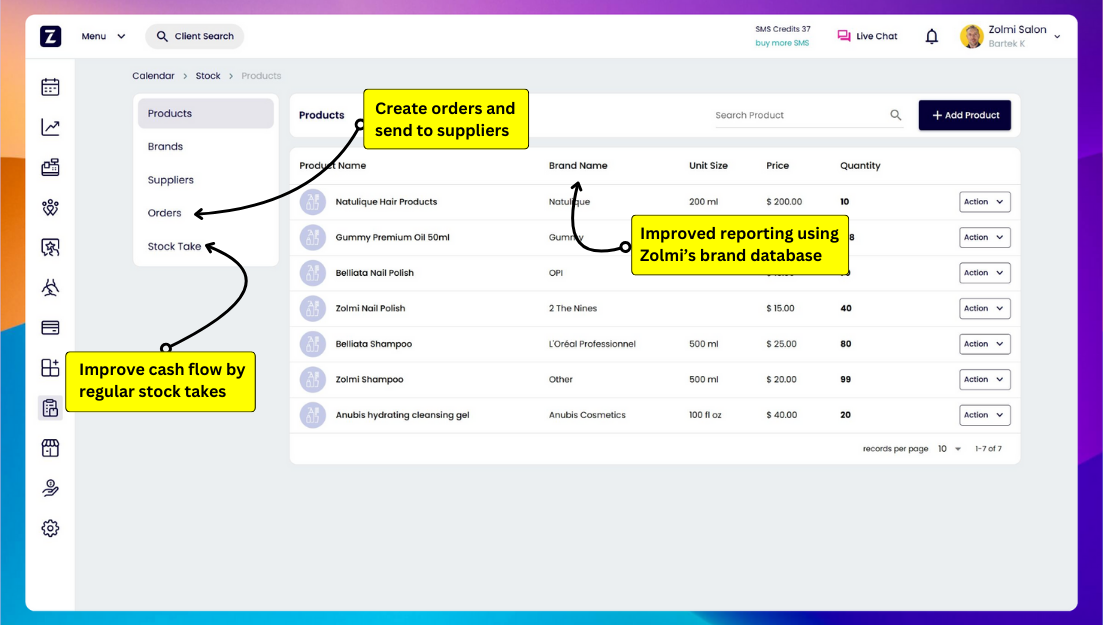 Salon inventory management screenshot