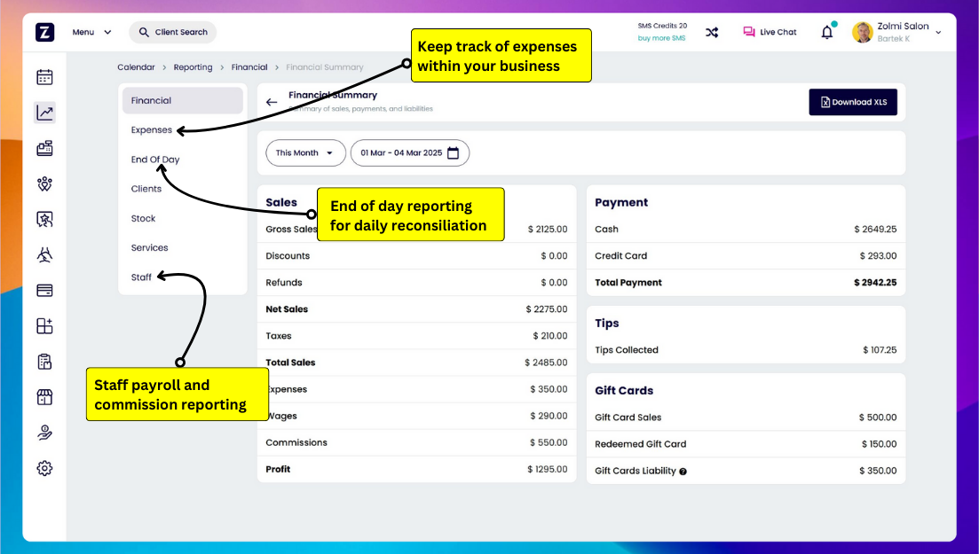 Salon reporting dashboard screenshot
