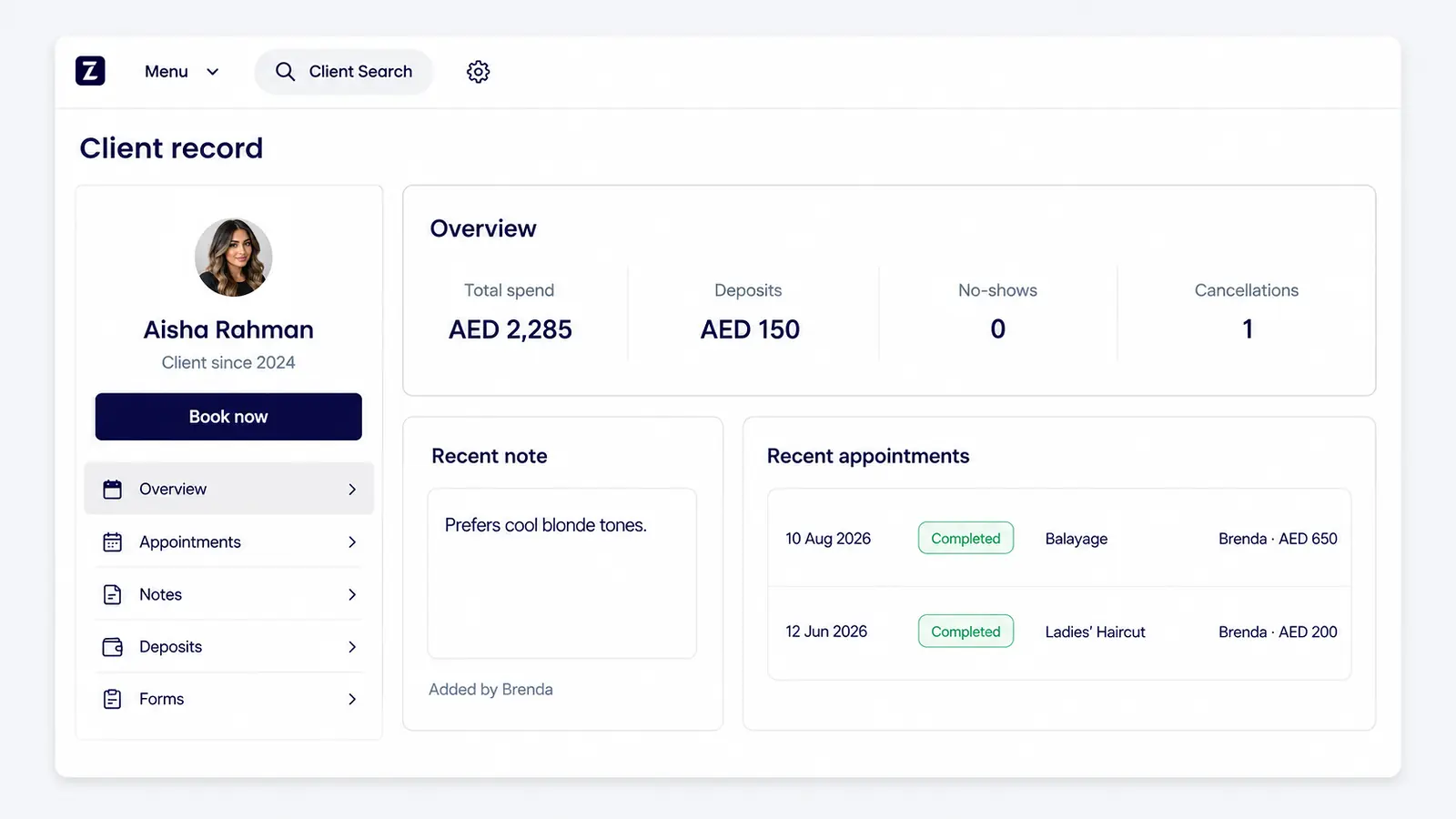 Zolmi salon client record showing appointment history, notes, deposits and spending in AED