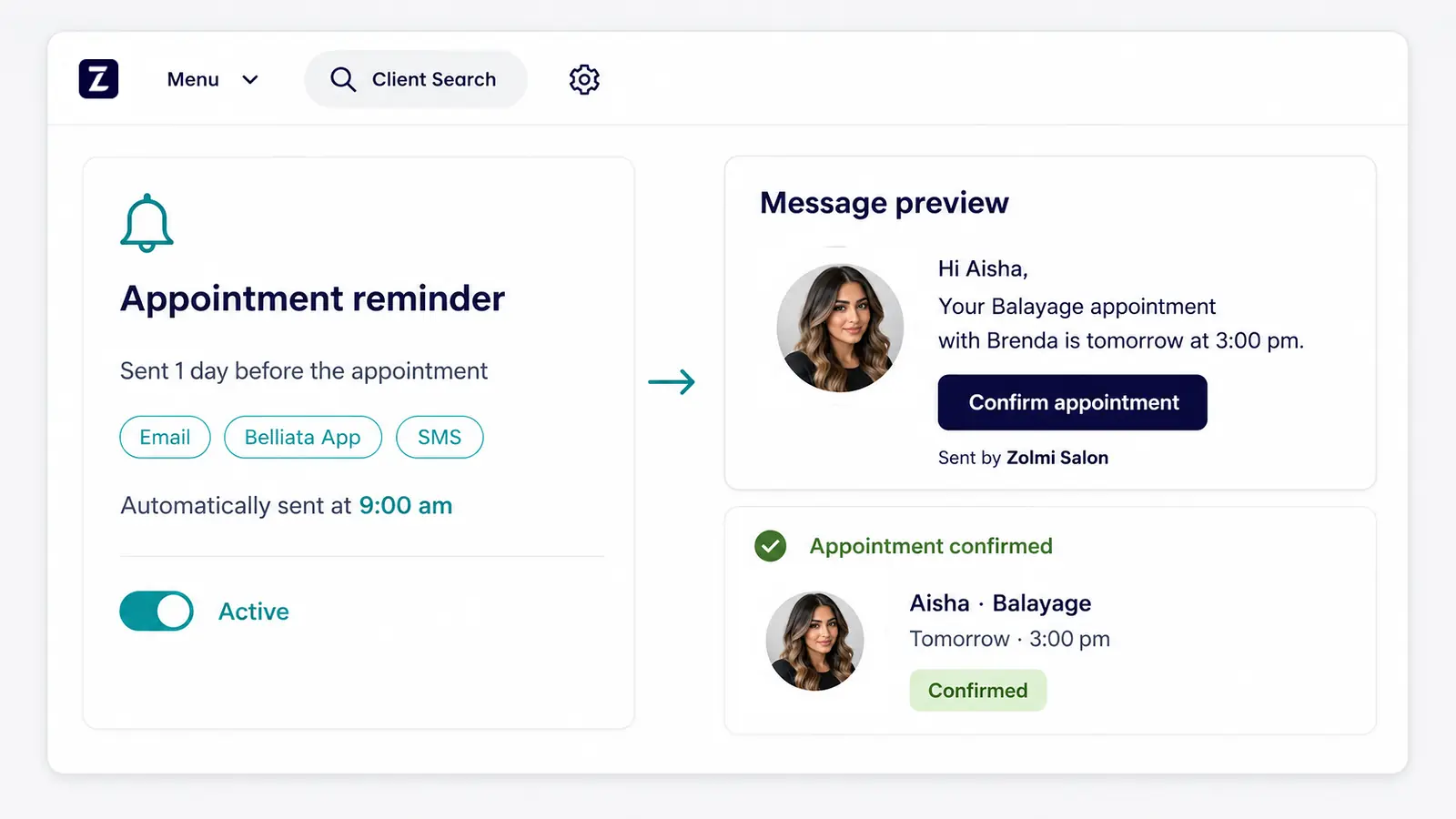 Zolmi salon appointment reminder showing a client confirming her Balayage appointment.