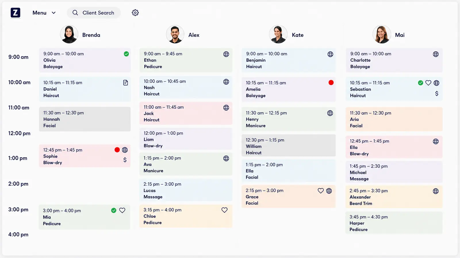 Zolmi salon calendar showing staff schedules, appointments, services and prices in AED.